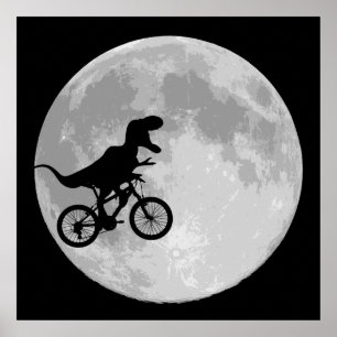 月と共に空の自転車に乗った恐竜 ポスター