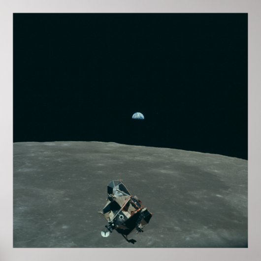 月と地球と月の着陸船の眺め ポスター (正面)