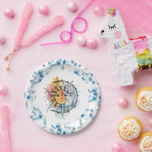 月と太陽。ヴィンテージスタイルイラストレーション。ブルー ペーパープレート (パーティー)