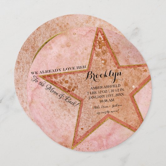 月と後ろに – ベビー生まれたばかりのガールの写真 案内状 (正面/裏面)