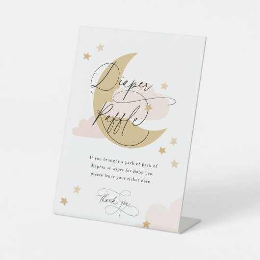 月と星おむつラッフルサインピンクベビーシャワー 台座サイン (正面)