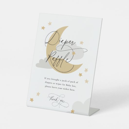 月と星おむつラッフルサイン灰色ベビーシャワー 台座サイン (正面)