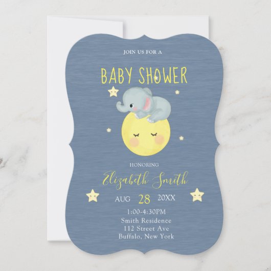 月と星かわいい象ブルー男の赤ちゃんシャワー 招待状 (正面)