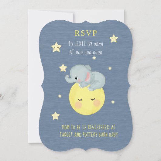 月と星かわいい象ブルー男の赤ちゃんシャワー 招待状 (裏面)