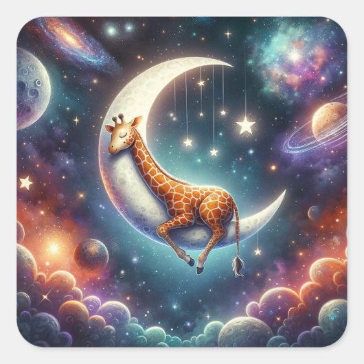 月と星で眠る天体の赤ちゃんキリン スクエアシール (正面)