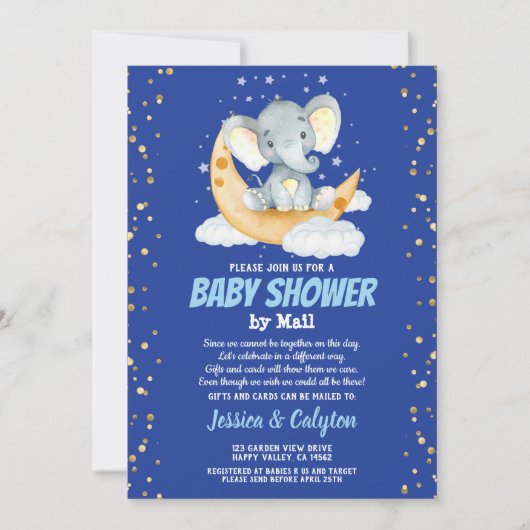 月と星による象少年のベビーシャワー 招待状 (正面)