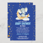 月と星による象少年のベビーシャワー 招待状 (正面/裏面)
