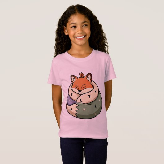 月と星に囲まれた眠る狐 Tシャツ (正面フル)