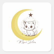 月と星に囲まれた魔法の猫 - ラウンドステッカー