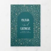 月と星のアーチ天空ティール（緑がかった色）結婚の写真 三つ折り招待状 (カバー)