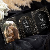 月と星のアーチ天空結婚黒の写真 三つ折り招待状