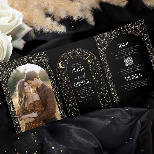 月と星のアーチ天空結婚黒の写真 三つ折り招待状