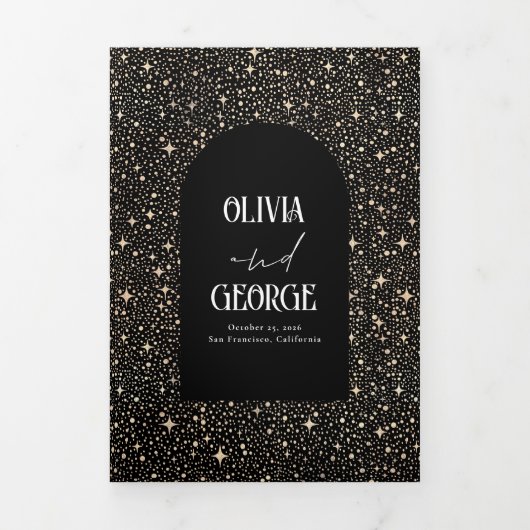 月と星のアーチ天空結婚黒の写真 三つ折り招待状 (カバー)