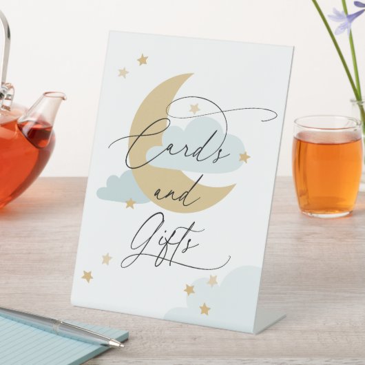 月と星のカードとギフトが青 台座サイン (インサイチュ)