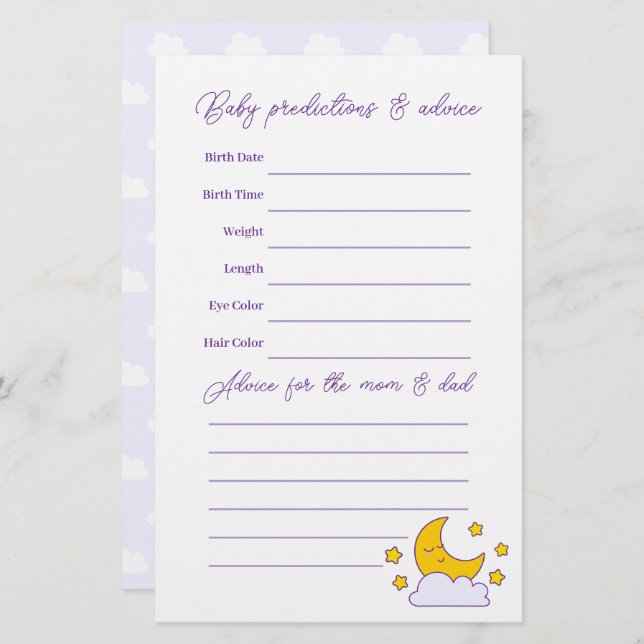 月と星の上で赤ちゃんシャワー推理ゲーム (正面/裏面)