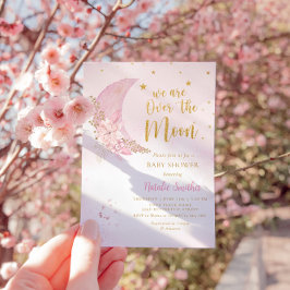 月と星の上の水色の女の子の赤ちゃんシャワー 招待状