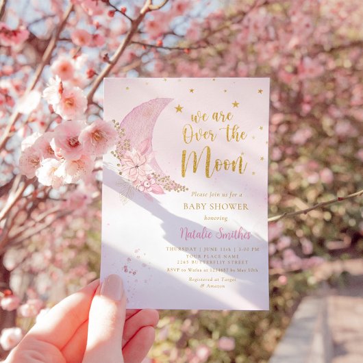 月と星の上の水色の女の子の赤ちゃんシャワー 招待状