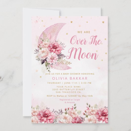 月と星の上の水色の女の子の赤ちゃんシャワー 招待状 (正面)