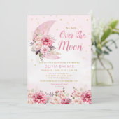 月と星の上の水色の女の子の赤ちゃんシャワー 招待状 (スタンド正面)