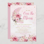 月と星の上の水色の女の子の赤ちゃんシャワー 招待状 (正面/裏面)