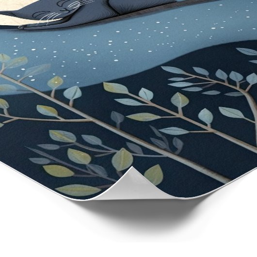 月と星の下で眠るかわいい猫 ポスター (角)