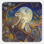 月と星の下の夕暮れのフクロウ スクエアシール (正面)