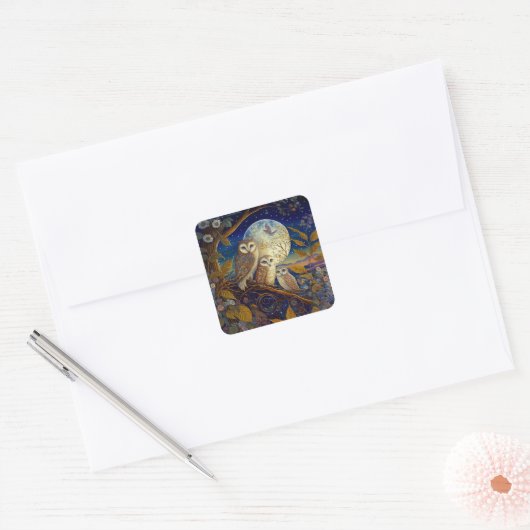 月と星の下の夕暮れのフクロウ スクエアシール (封筒)