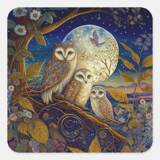 月と星の下の夕暮れのフクロウ スクエアシール