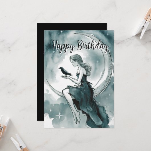 月と星の乙女とカラス 誕生日 招待状 (正面/裏面インサイチュ)