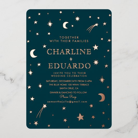 月と星の天の星星ゴールデン結婚ズ 箔招待状 (正面)