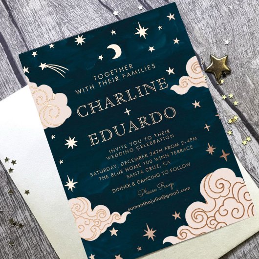 月と星の天の星星ゴールデン結婚ズ 箔招待状
