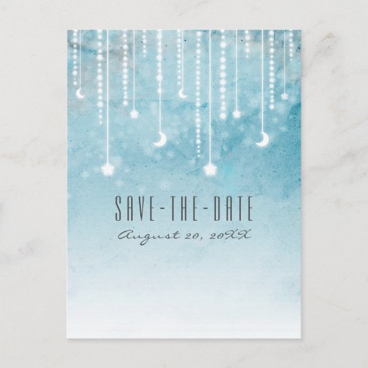 月と星の天体的な青 モダンなSave the Date 案内ポストカード (正面)