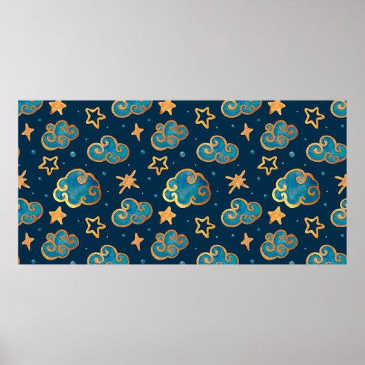 月と星の水彩シームレスパターン ポスター (正面)