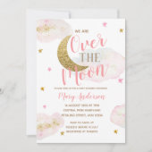 月と星の水色ピンクの金ゴールド赤ちゃんシャワー 招待状 (正面)