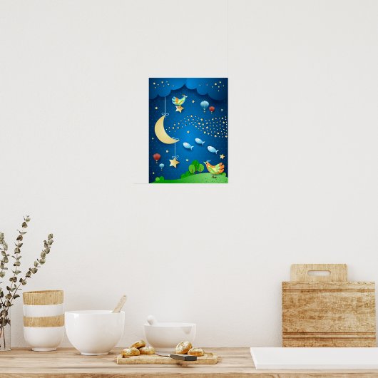月と星の波と超現実的な夜 ポスター (キッチン)