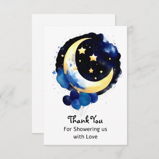月と星の男の子の赤ちゃんシャワー夜空 サンキューカード (正面/裏面)