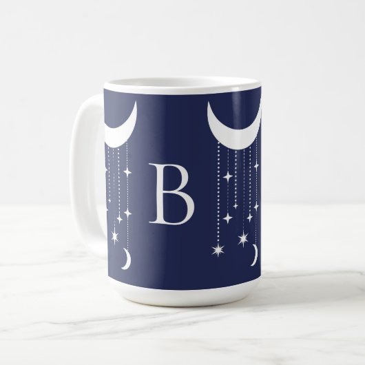 月と星の紫の夜空のビーズ モノグラムの コーヒーマグカップ (正面左)