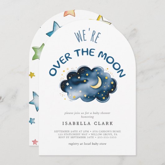 月と星の赤ちゃんシャワー私たちは月の上にいる 招待状 (正面/裏面)