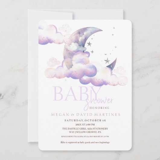 月と星の赤男女兼用ちゃんシャワー 招待状 (正面)