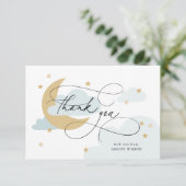 月と星の青いスクリプト赤ちゃんシャワー サンキューカード (スタンド正面)