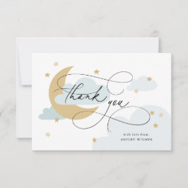 月と星の青いスクリプト赤ちゃんシャワー サンキューカード
