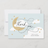 月と星の青いスクリプト赤ちゃんシャワー サンキューカード (正面)