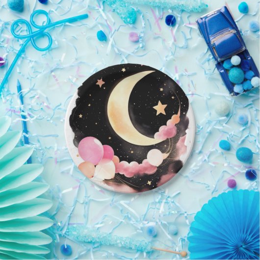月と星の魔法：水彩赤ちゃん女の子シャワー ペーパープレート (パーティー)