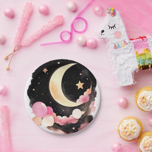 月と星の魔法：水彩赤ちゃん女の子シャワー ペーパープレート (パーティー)