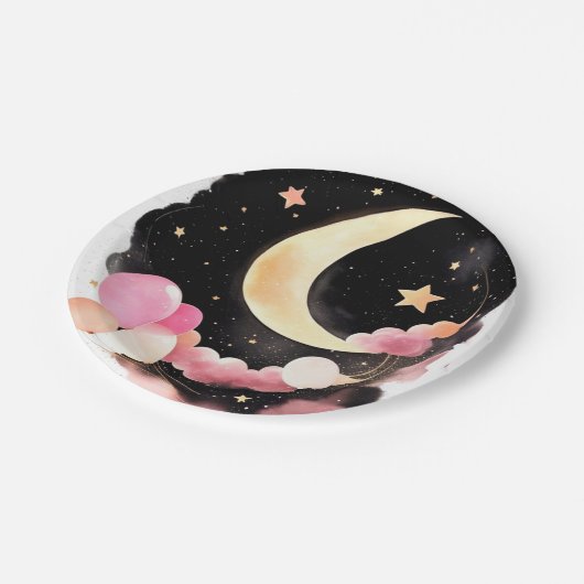 月と星の魔法：水彩赤ちゃん女の子シャワー ペーパープレート (アングル)