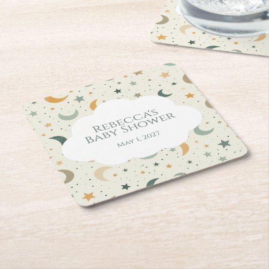 月と星ぼほベビー採用シャワー スクエアペーパーコースター (アングル)