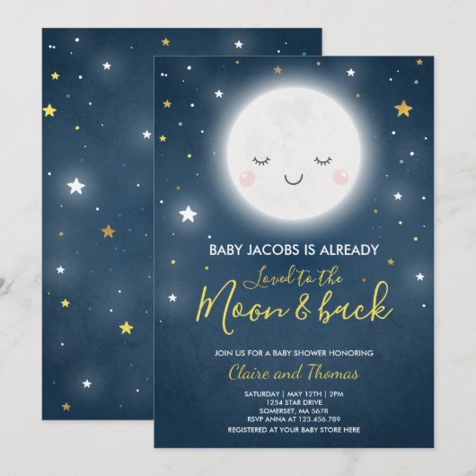月と星を愛してやまない ベイビーシャワー招待状 招待状 (正面/裏面)