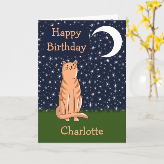 月と星を持つ猫 カード (黄色い花)
