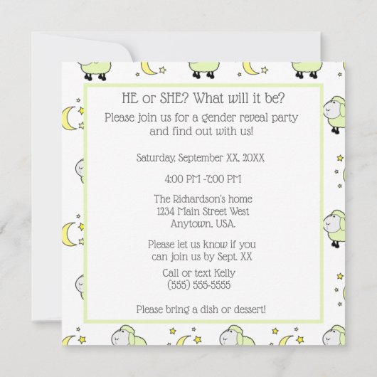 月と星を持つ緑の子羊ジェンダーがパーティーを明かす 招待状 (裏面)