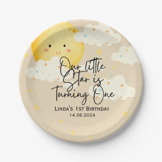 月と星クリーム第1誕生日 ペーパープレート (正面)